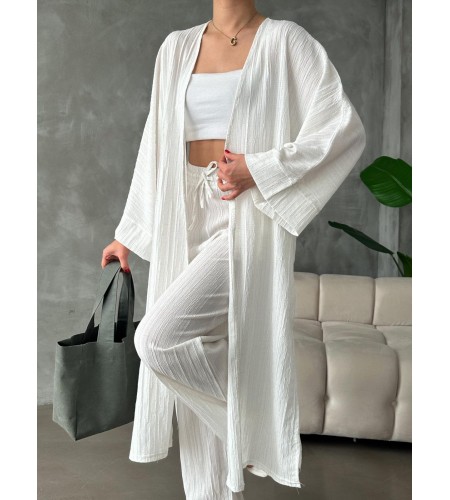 Beyaz Kimono Bürümcük Uzun Takım Elbise