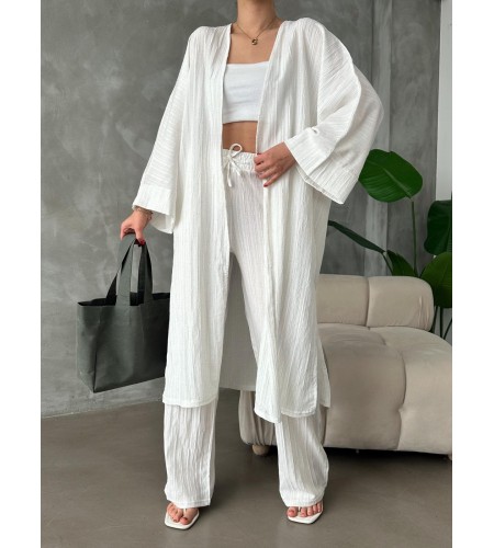 Beyaz Kimono Bürümcük Uzun Takım Elbise