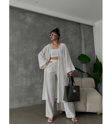 Beyaz Kimono Bürümcük Uzun Takım Elbise