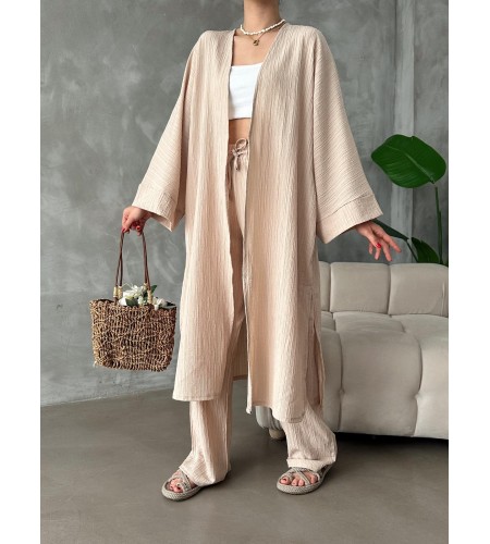 Bej Kimono Bürümcük Uzun Takım Elbise
