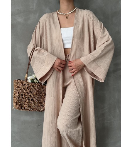 Bej Kimono Bürümcük Uzun Takım Elbise
