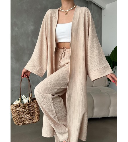 Bej Kimono Bürümcük Uzun Takım Elbise