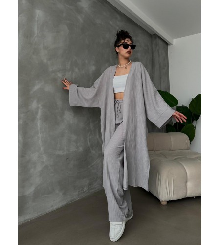 Gri Kimono Bürümcük Uzun Takım Elbise