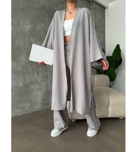 Gri Kimono Bürümcük Uzun Takım Elbise